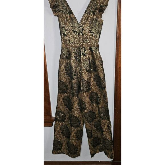 Happy x Nature Gold Floral Tie Front Jumpsuit Sleeveless V-Neck Wide Leg Sz 4 S - Picture 5 of 14
